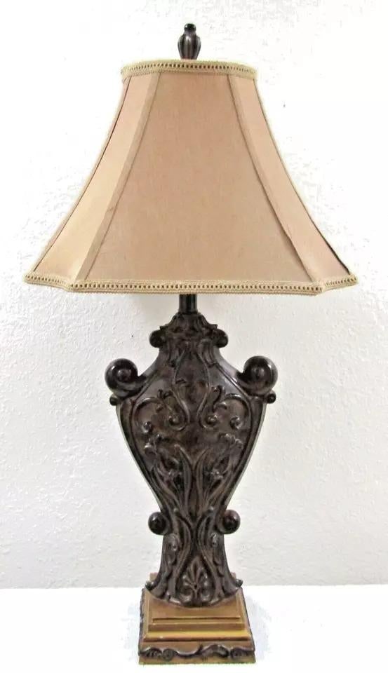 Matched Pair of Sculpted Designer Resin Table Lamps With Silk Shades - 2