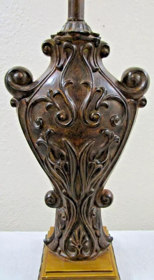 Matched Pair of Sculpted Designer Resin Table Lamps With Silk Shades - 4