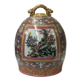 Chinese Pink Red Famille Rose Paint Oval Bell Shape Porcelain Display Vessel