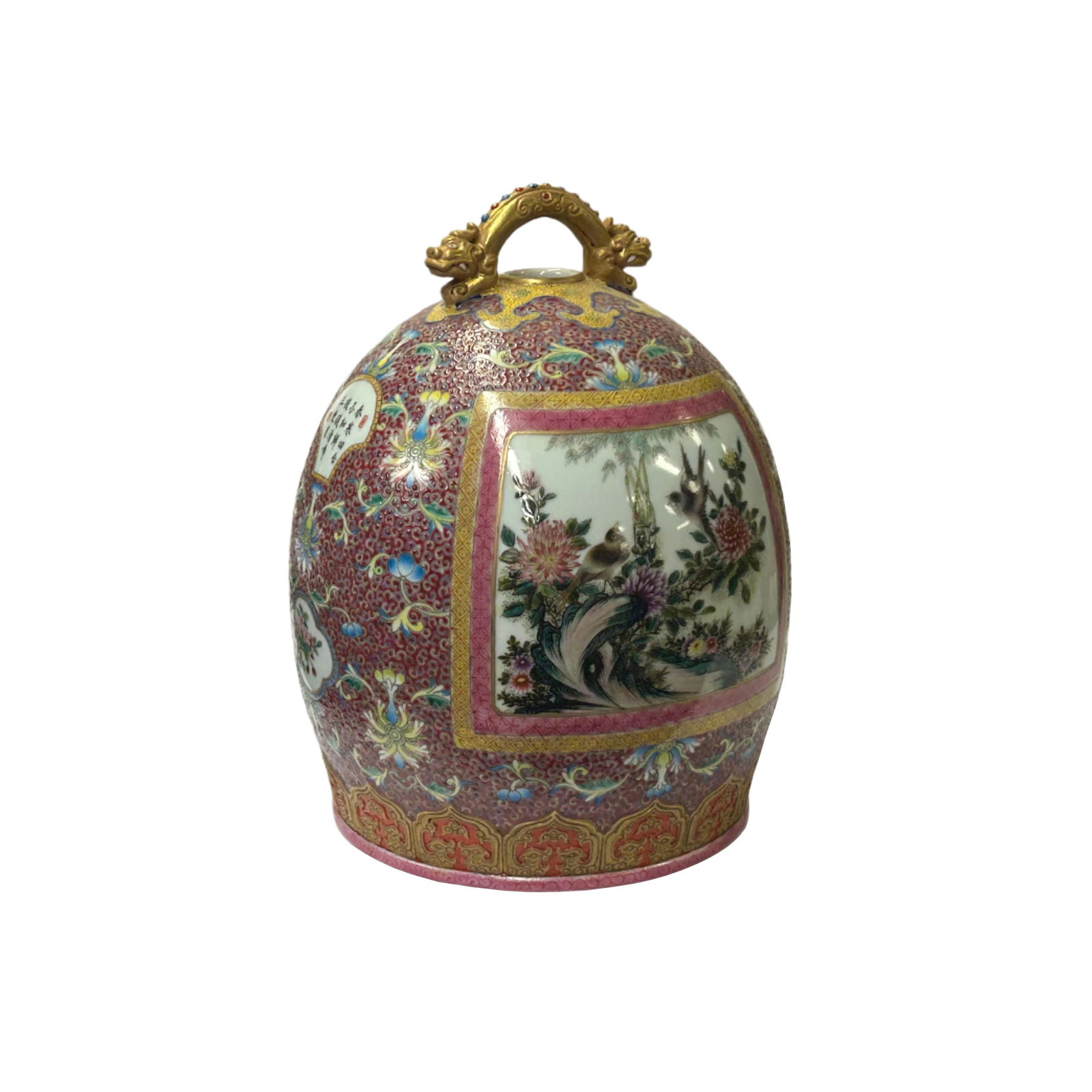 Chinese Pink Red Famille Rose Paint Oval Bell Shape Porcelain Display Vessel - 5