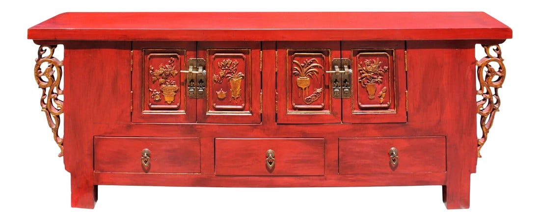 Chinese Distressed Red Dragon Motif Tv Console Table Cabinet (1 of 6)