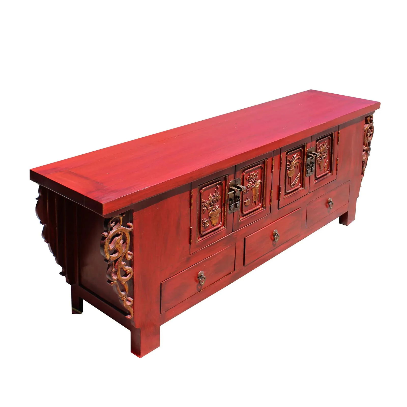 Chinese Distressed Red Dragon Motif Tv Console Table Cabinet - 3