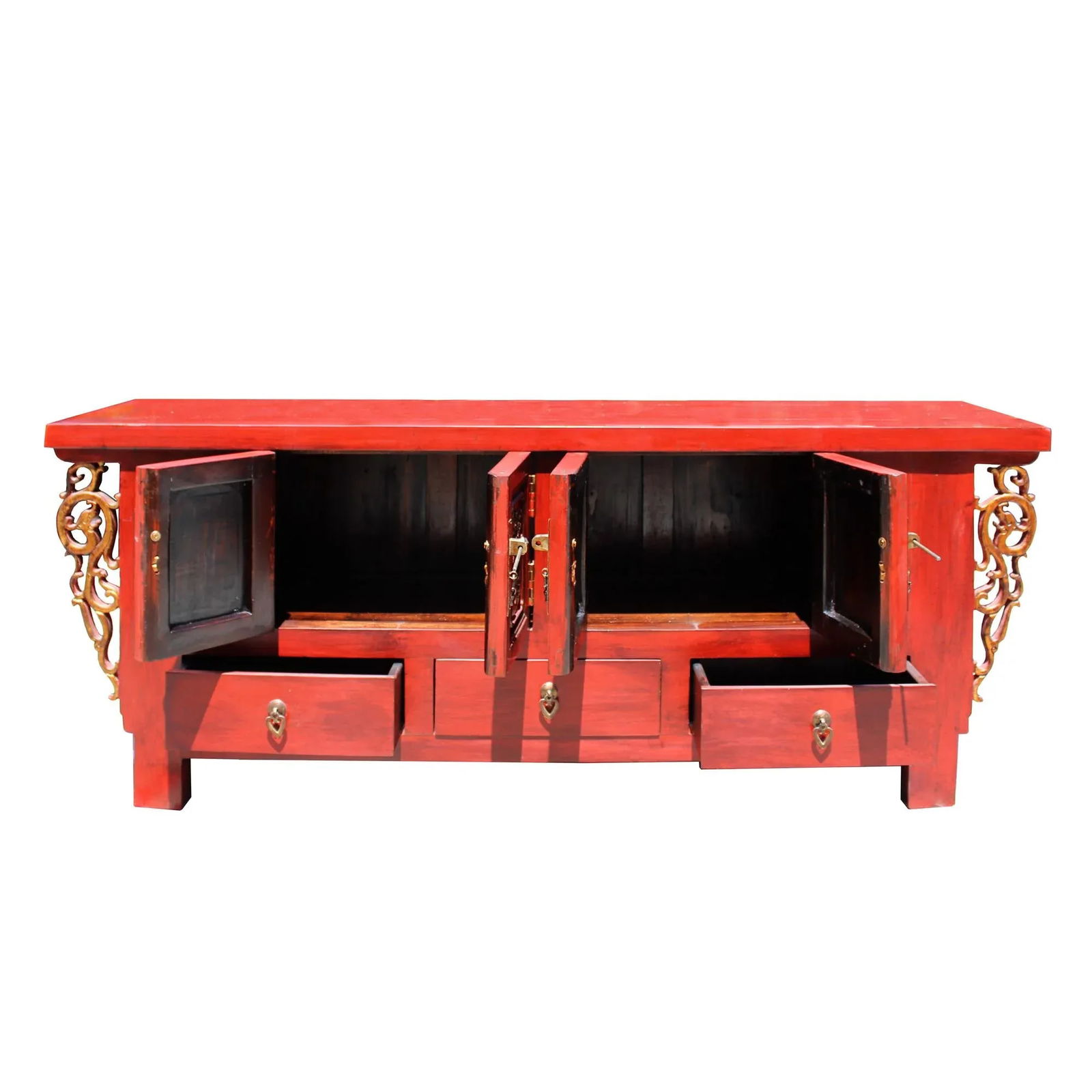 Chinese Distressed Red Dragon Motif Tv Console Table Cabinet - 5