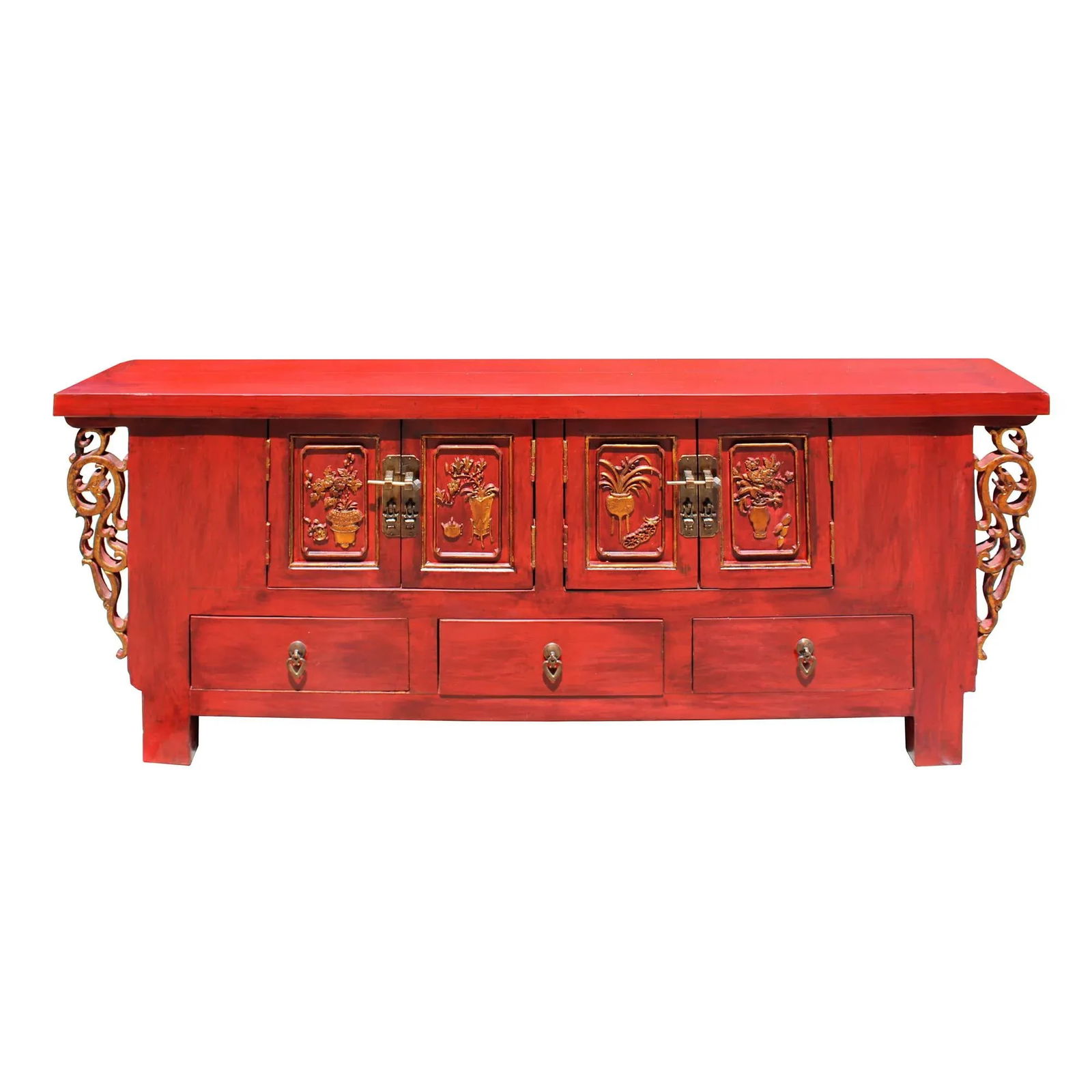 Chinese Distressed Red Dragon Motif Tv Console Table Cabinet - 6