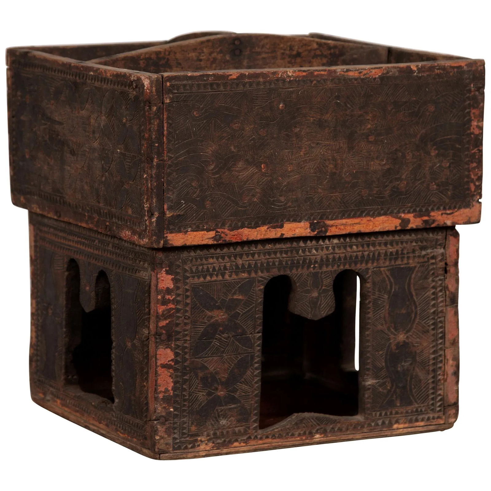 Antique Thai Rustic Wooden Betel Nut Box with Carved Décor and Pierced Motifs - 12