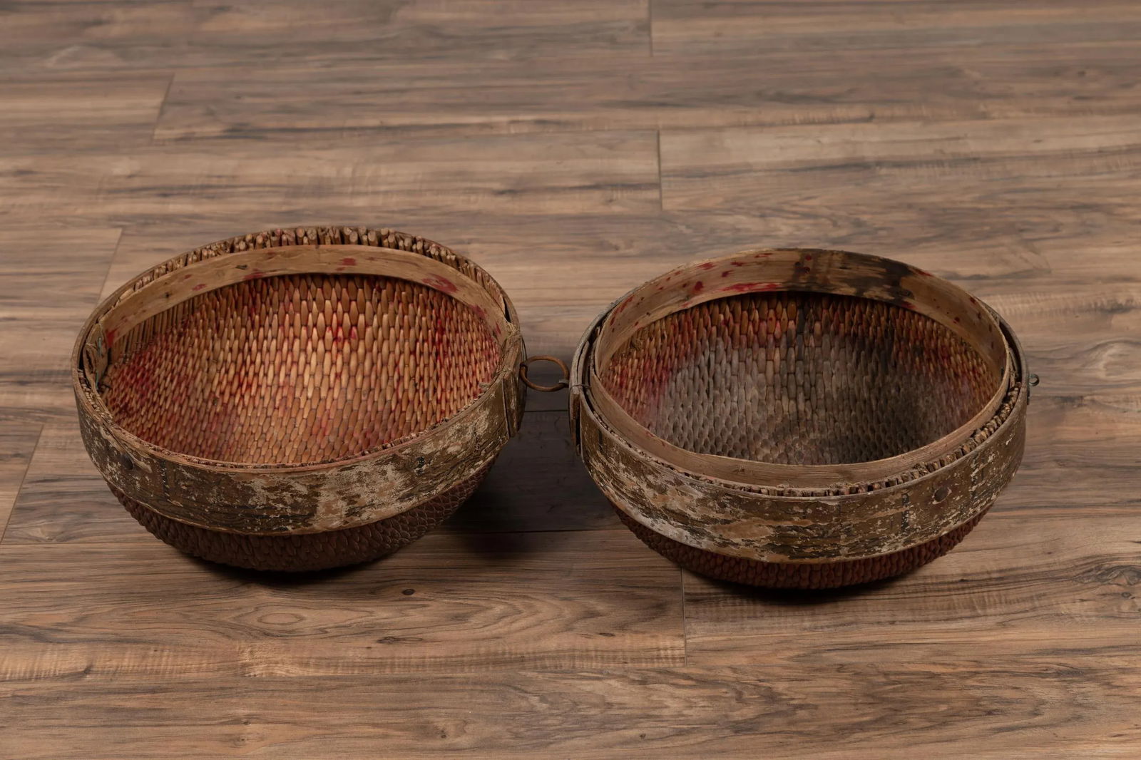 Vintage Chinese Midcentury Rattan Circular Hat Box with Weathered Patina - 11