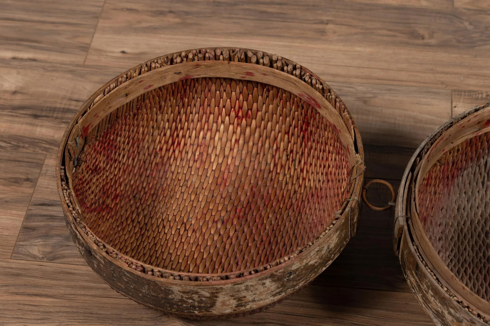 Vintage Chinese Midcentury Rattan Circular Hat Box with Weathered Patina - 12