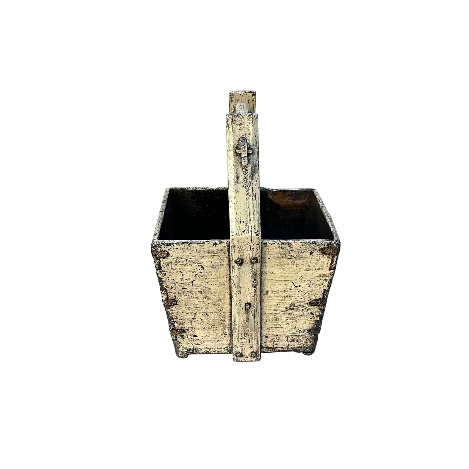Vintage Rustic Off White Square With Handle Wood Bucket - 2