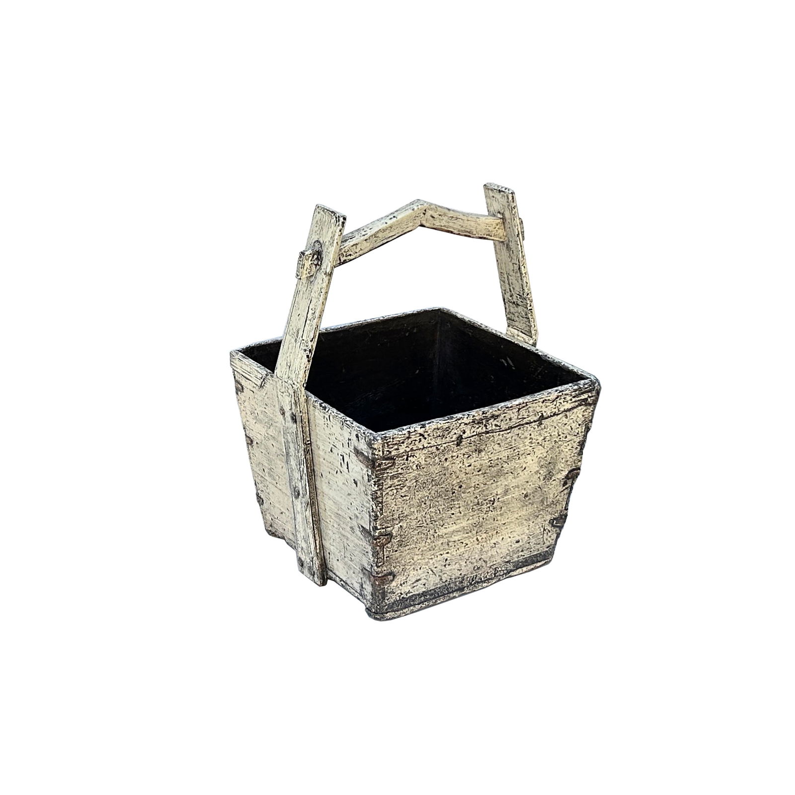 Vintage Rustic Off White Square With Handle Wood Bucket - 3
