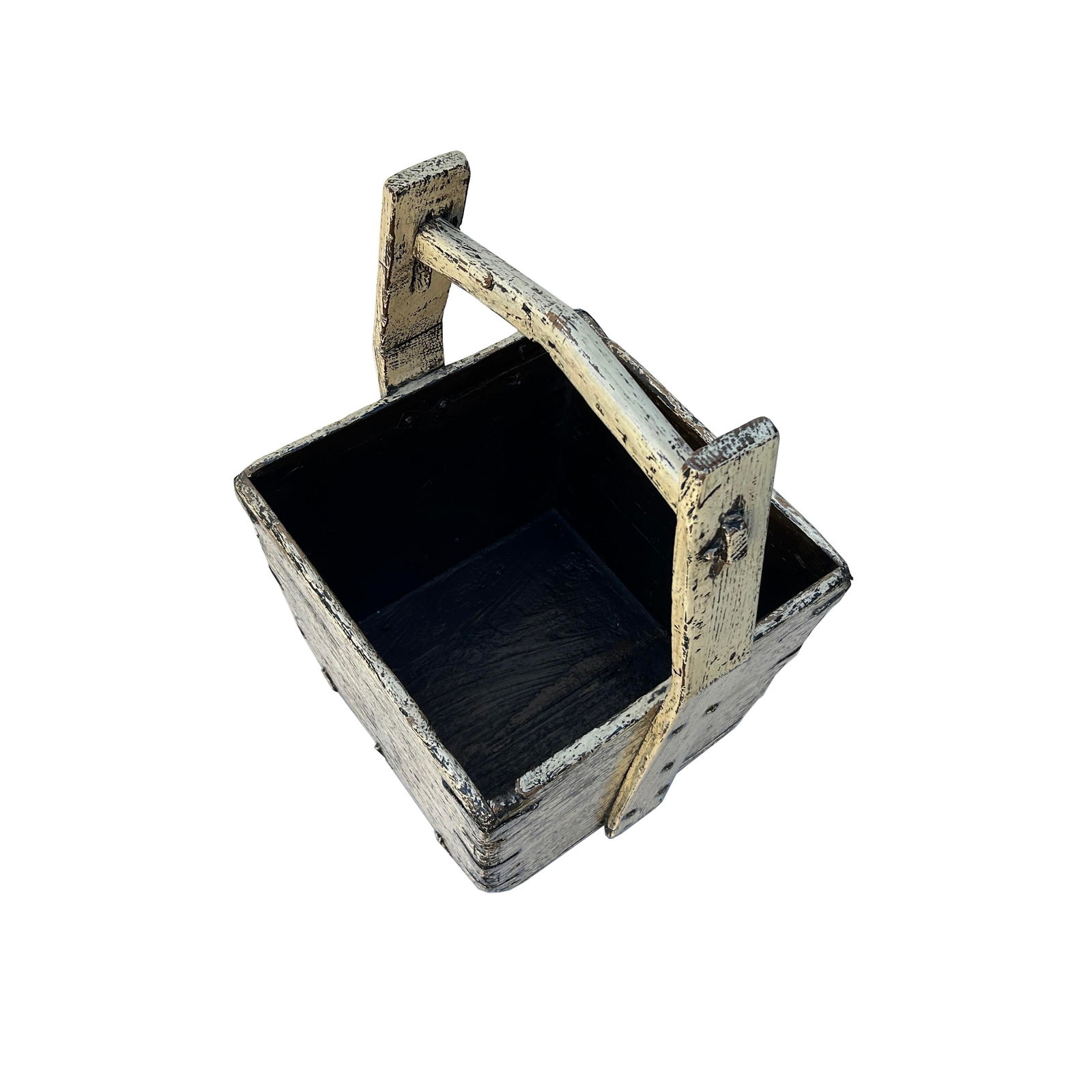 Vintage Rustic Gray White Square With Handle Wood Bucket - 4