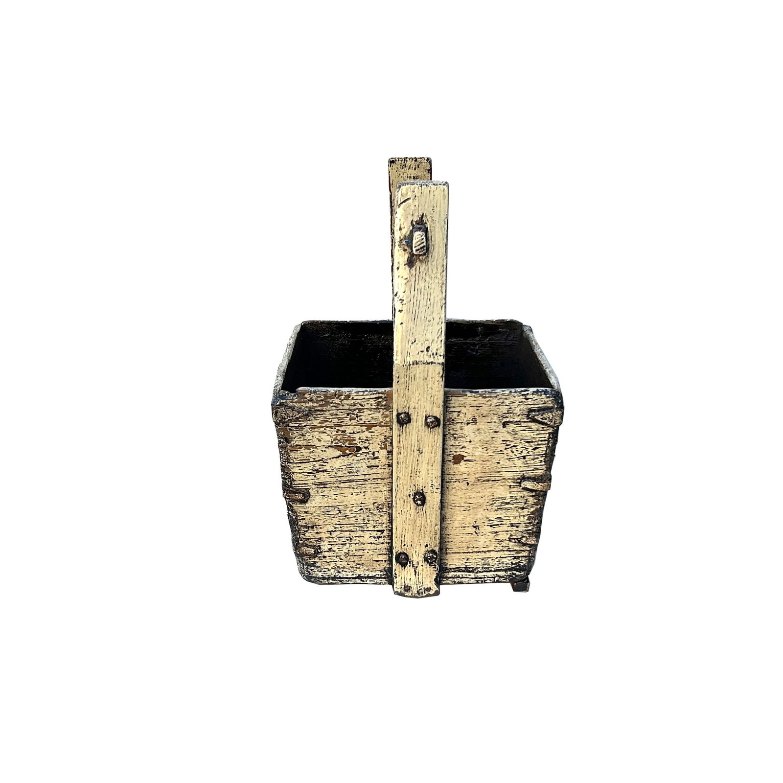 Vintage Rustic Gray White Square With Handle Wood Bucket - 5