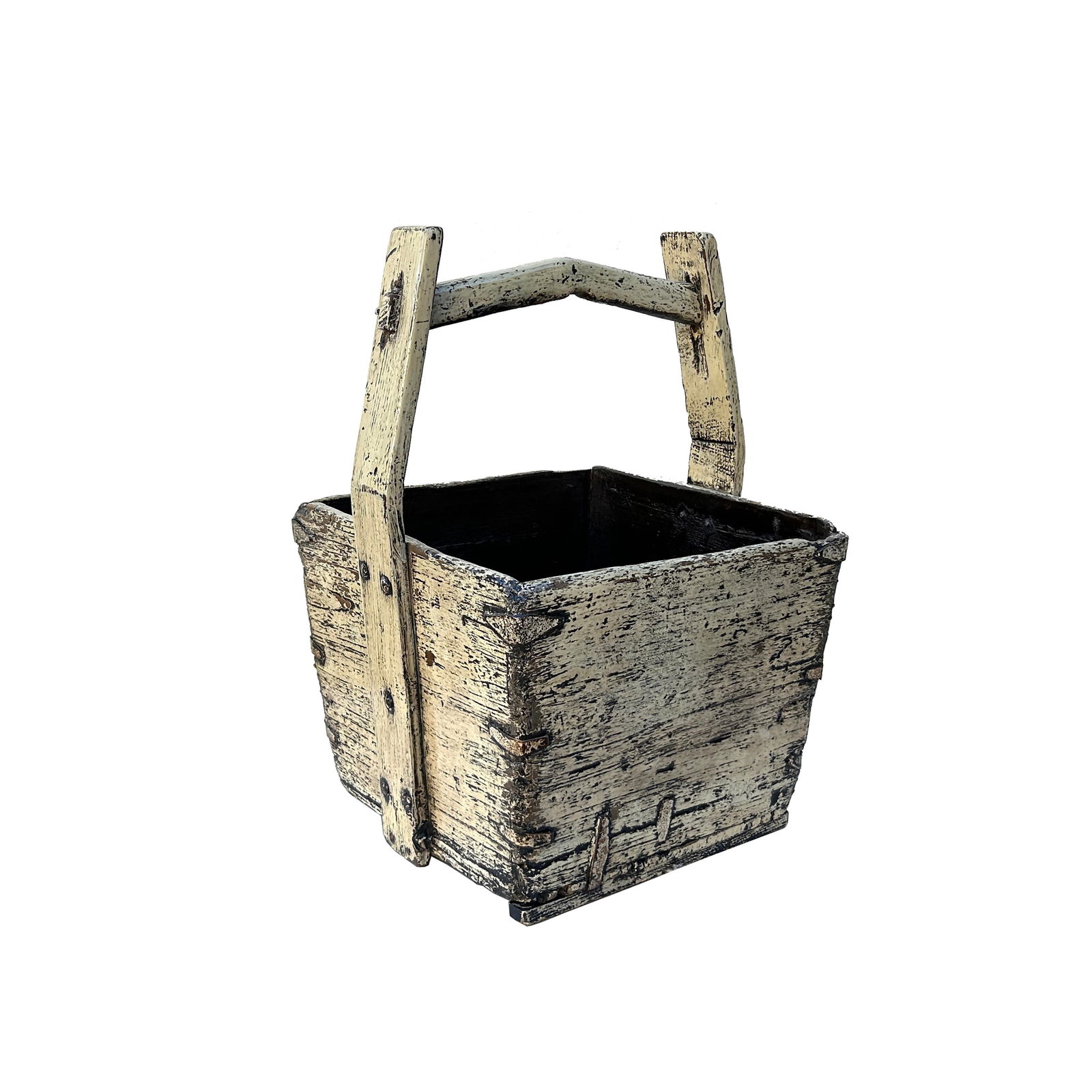 Vintage Rustic Gray White Square With Handle Wood Bucket - 6
