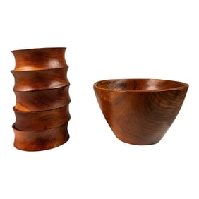 Set of 6 Mid-Century Organic Modern Wood-Turned Salad / Serving Bowls in Solid Burmese Teak, Circa 1
