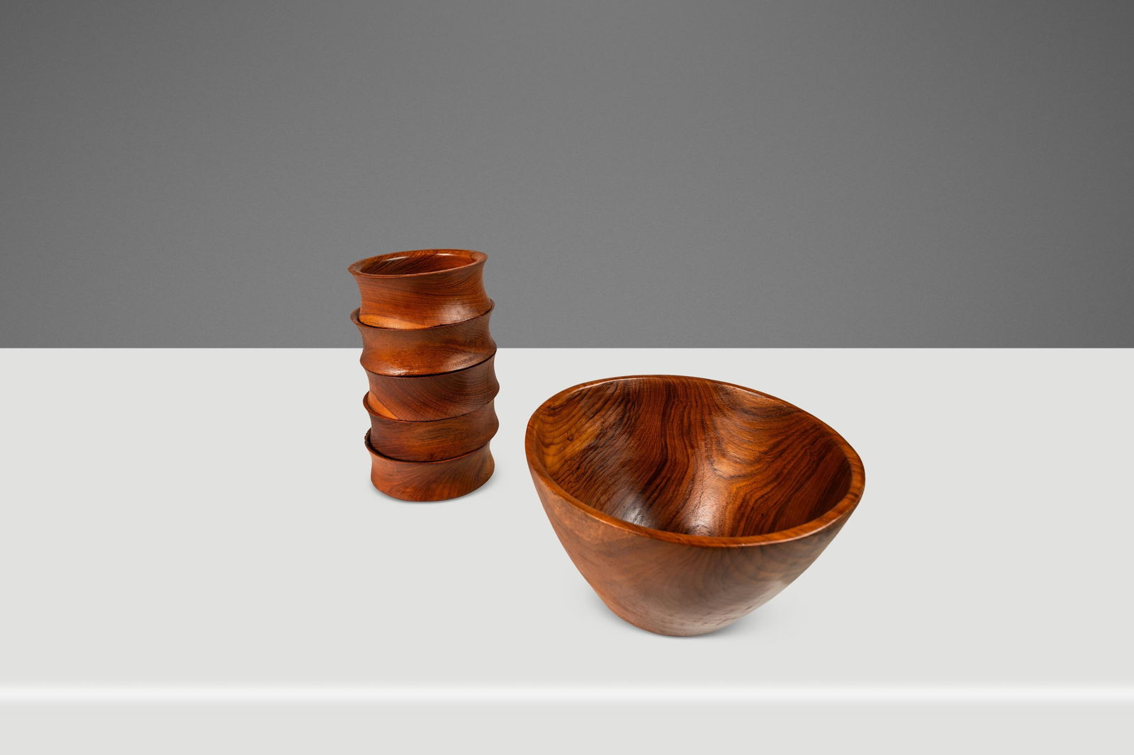 Set of 6 Mid-Century Organic Modern Wood-Turned Salad / Serving Bowls in Solid Burmese Teak, Circa 1 - 2