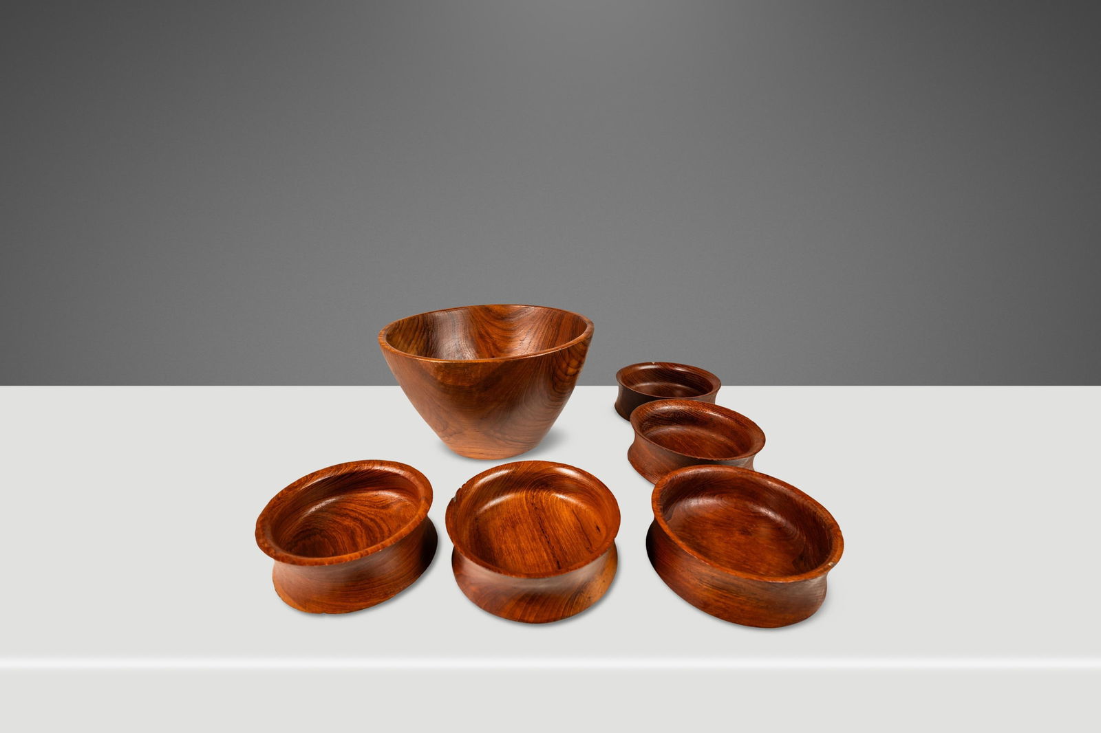 Set of 6 Mid-Century Organic Modern Wood-Turned Salad / Serving Bowls in Solid Burmese Teak, Circa 1 - 3