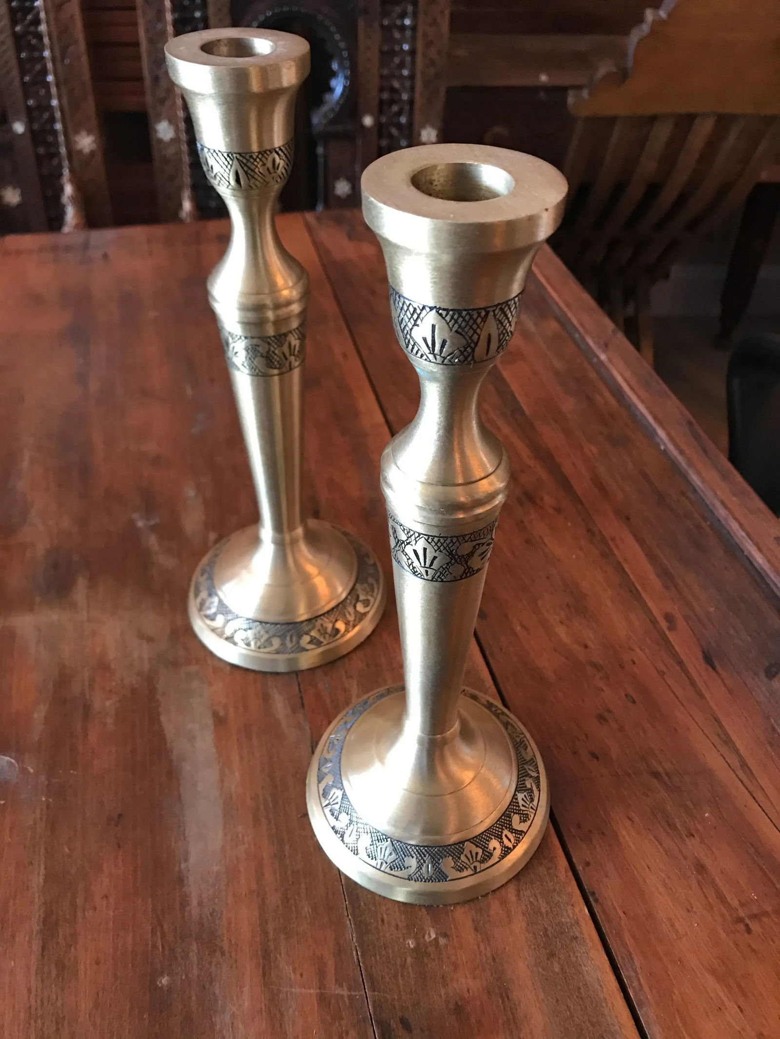 Brass Etched Candle Holders - a Pair - 6