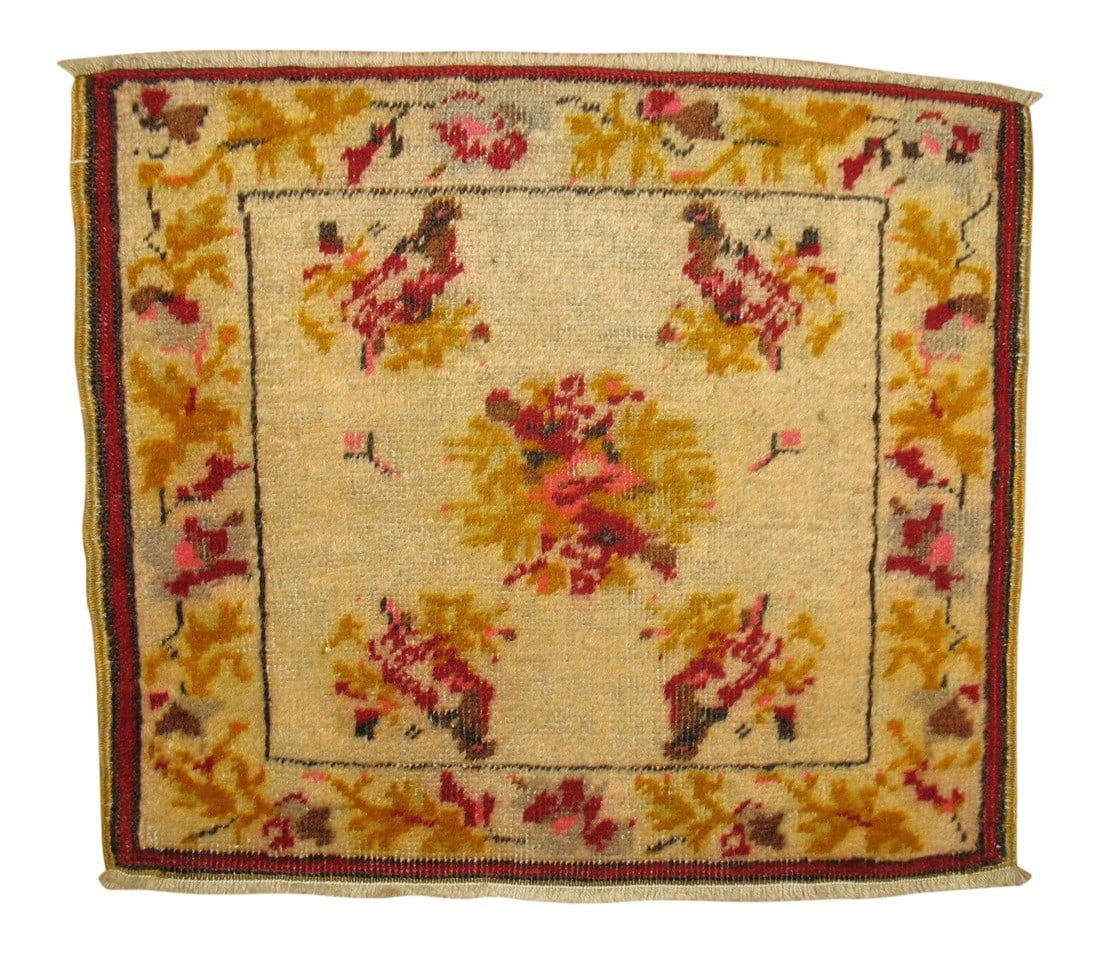 Fine Floral Boho Turkish Scatter Mat Rug 15'' X 17'': a fine quality wool early 20th century Hand Knotted One of a kind Turkish Rug with a large flower motif in red, gold and pink on a beige tan ground. 15'' x 17'' Condition: Alterations: Unknown