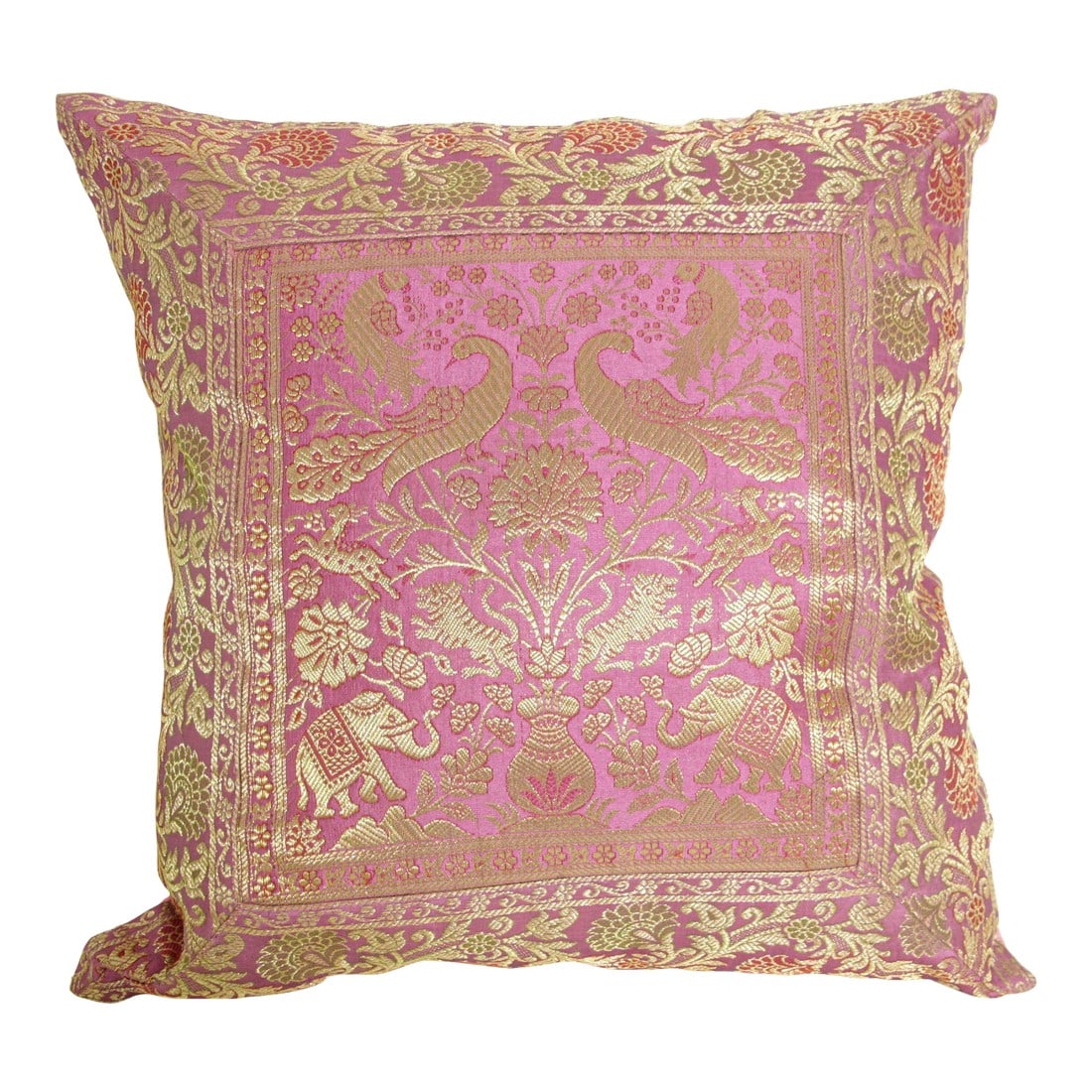 Silk Pink Throw Pillow With Elephants and Peacocks India: Decorative accent silk brocade throw pillow in fushia. Silk throw pillow made from brocade pink and gold metallic threads. Indian inspired design with peacocks and elephants design decorative silk