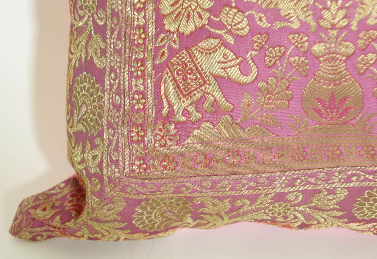 Silk Pink Throw Pillow With Elephants and Peacocks India - 2