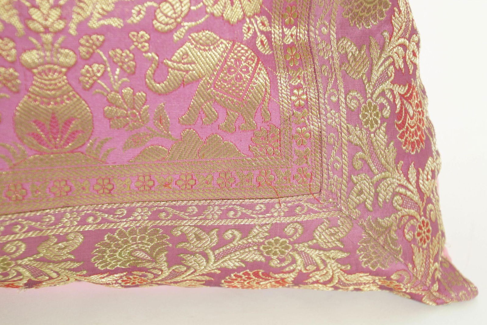 Silk Pink Throw Pillow With Elephants and Peacocks India - 3