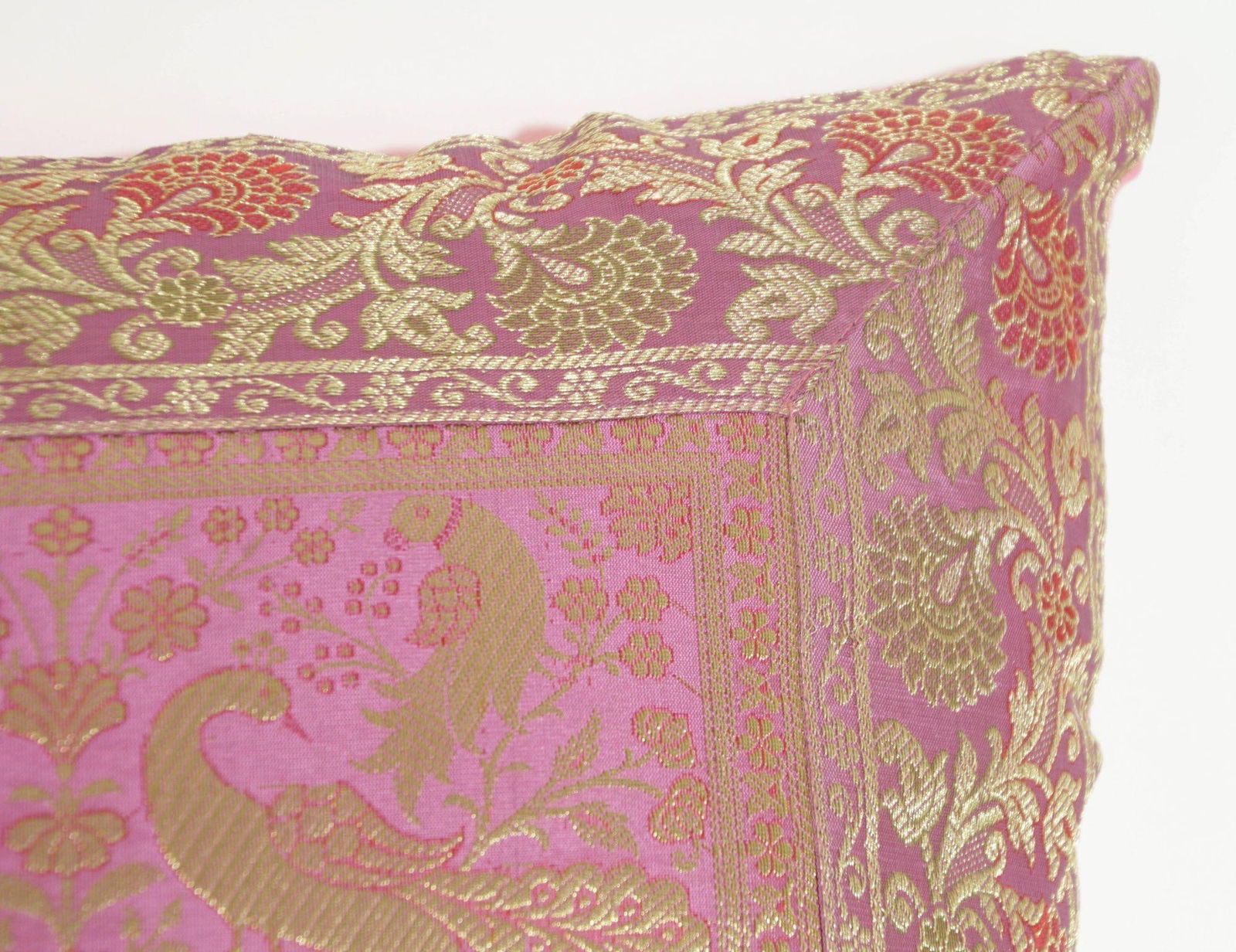 Silk Pink Throw Pillow With Elephants and Peacocks India - 4