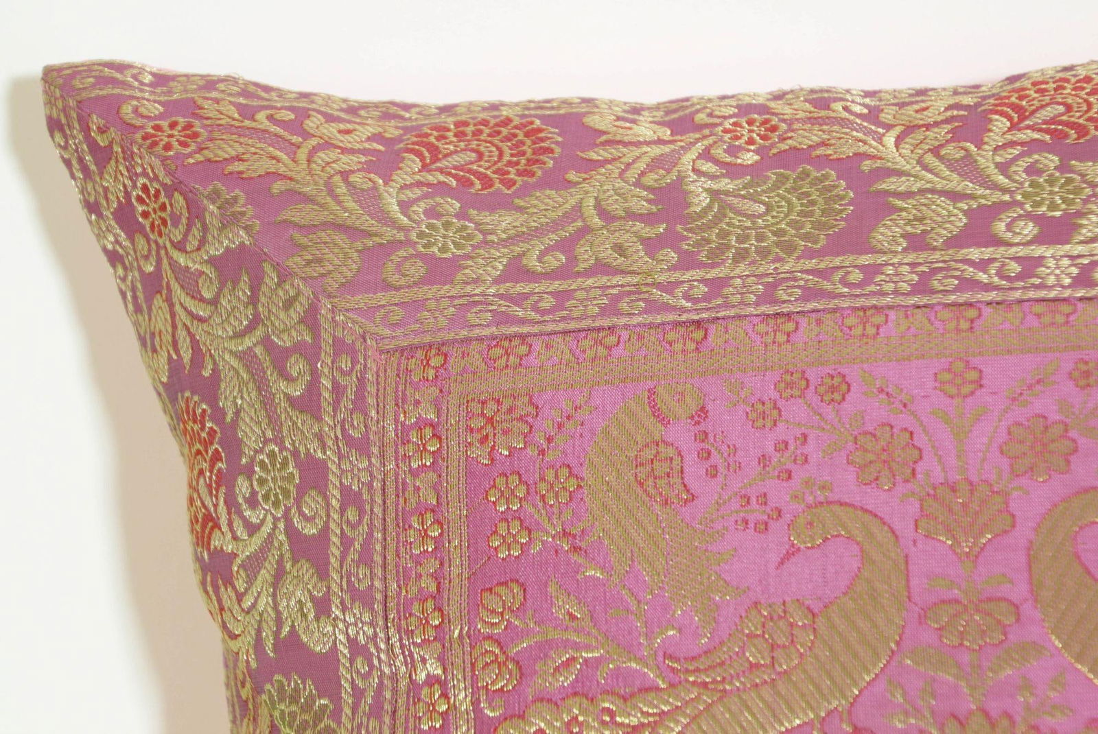 Silk Pink Throw Pillow With Elephants and Peacocks India - 5