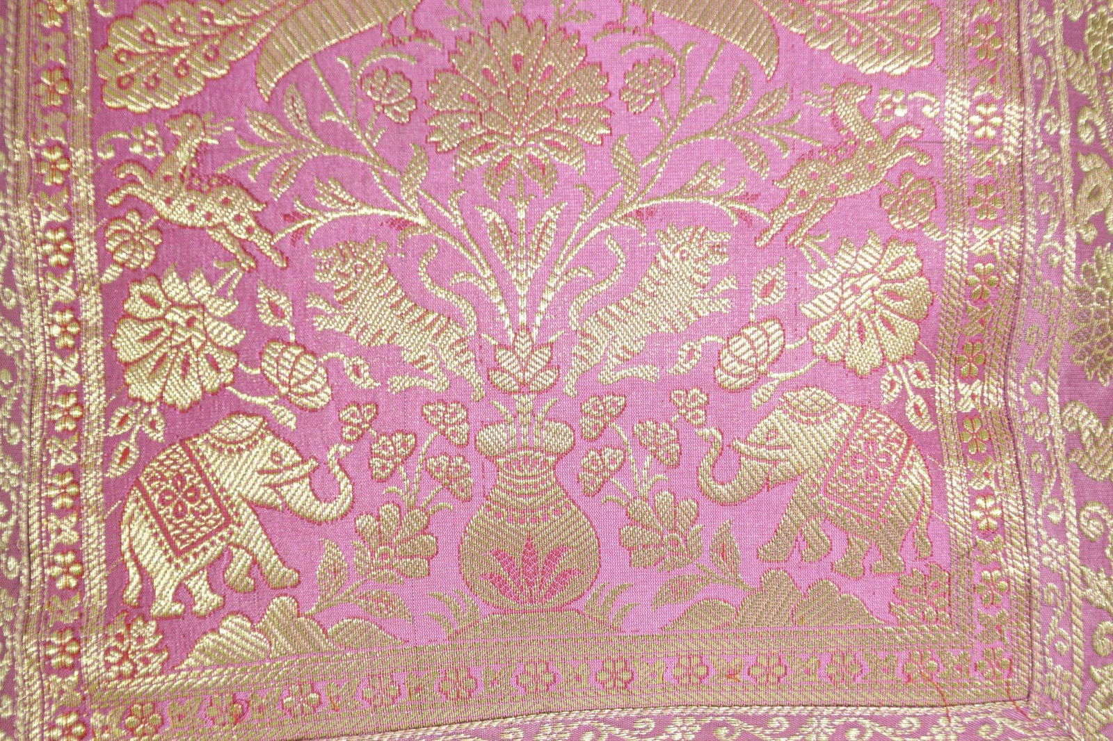 Silk Pink Throw Pillow With Elephants and Peacocks India - 6