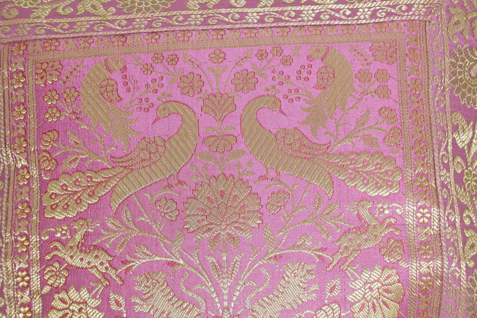 Silk Pink Throw Pillow With Elephants and Peacocks India - 7