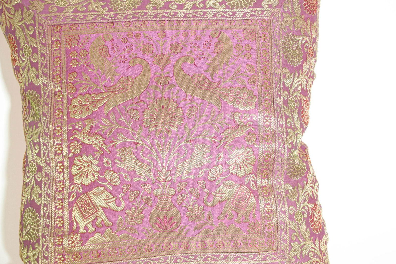 Silk Pink Throw Pillow With Elephants and Peacocks India - 8