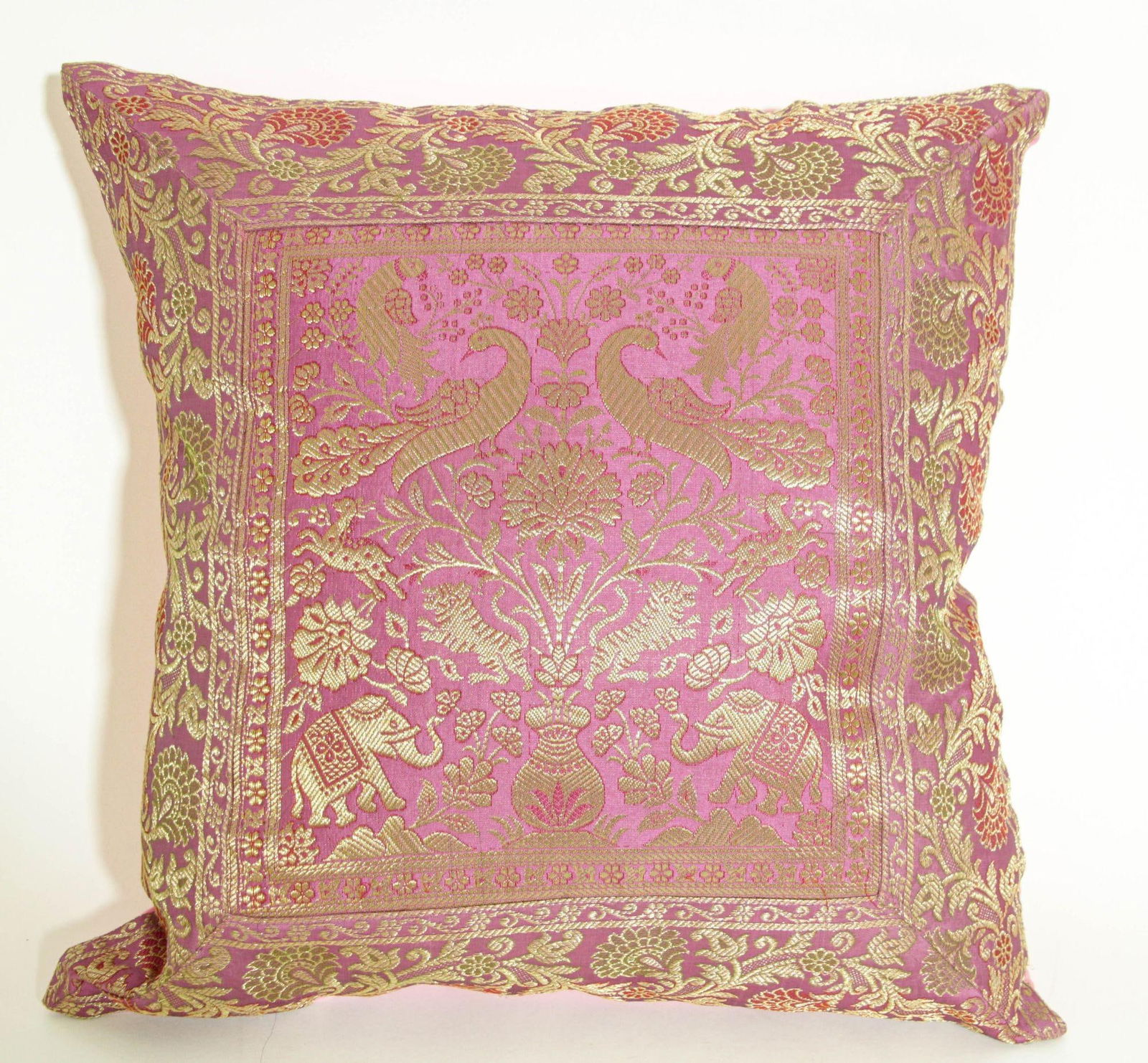 Silk Pink Throw Pillow With Elephants and Peacocks India - 9