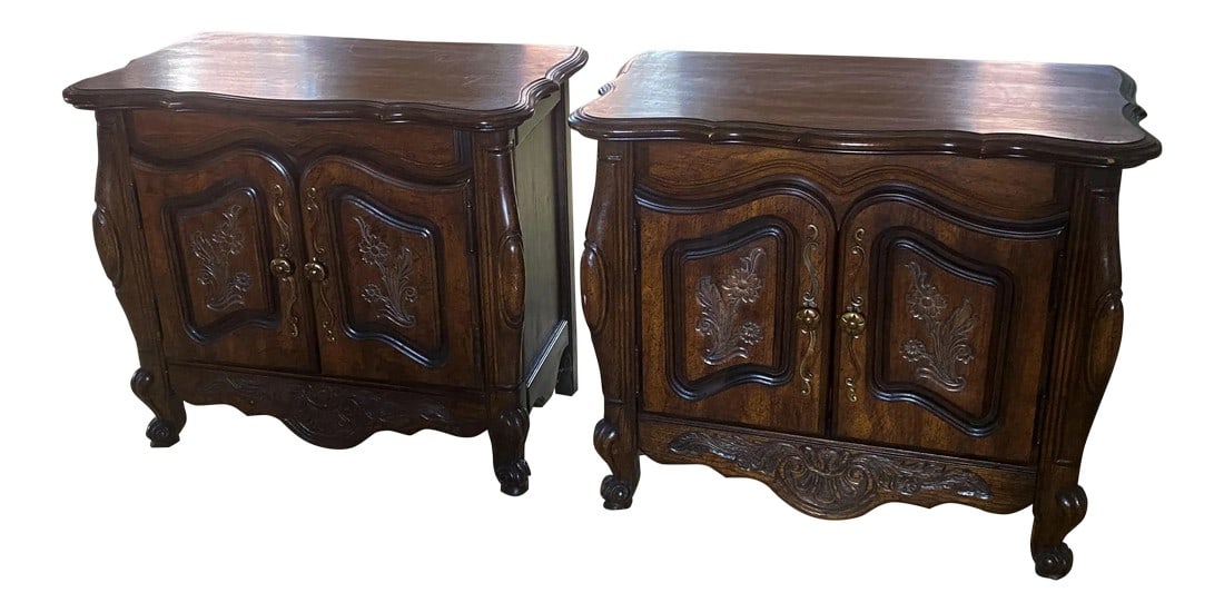 French Country Carved Dark Wood Nightstands Side End Tables- a Pair: This is a nice looking very sturdy pair of French Country style dark stained wood bedside or occasional tables with two doors that open to one removable shelf in each. They are decorated on the