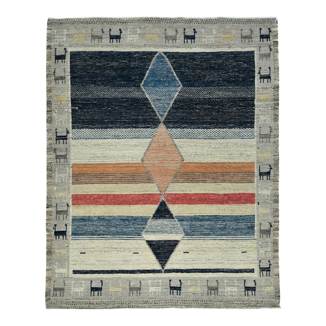 Contemporary Moroccan Style Wool Rug With Geometric Pattern: This contemporary handmade wool rug features a gray background adorned with multicolored accents and a striking geometric design. This rug measures 9'4" x 11'11". Condition: Imperfections: No