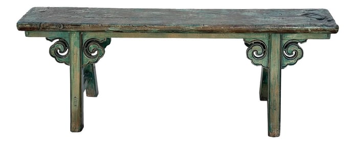 Distressed Brown Green Blue Village Slim Narrow Scroll Apron Wood Bench