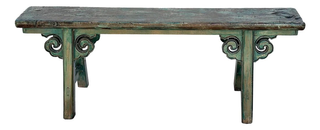 Distressed Brown Green Blue Village Slim Narrow Scroll Apron Wood Bench: Transform your space with this charming distressed brown with touch of green blue scroll apron slim narrow bench, a perfect blend of vintage allure and practical design. The soft light green blue