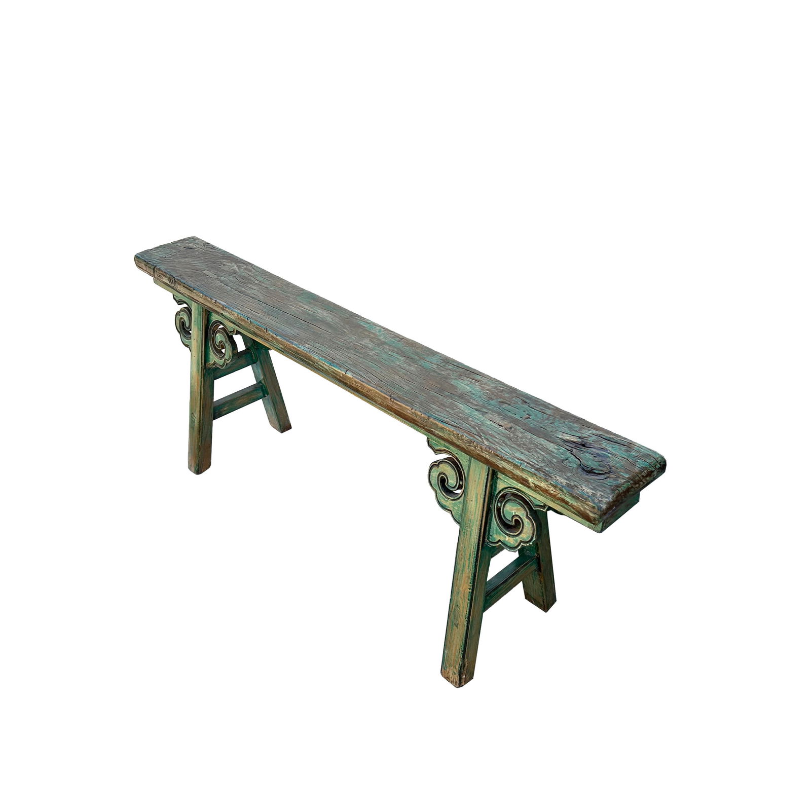 Distressed Brown Green Blue Village Slim Narrow Scroll Apron Wood Bench - 2