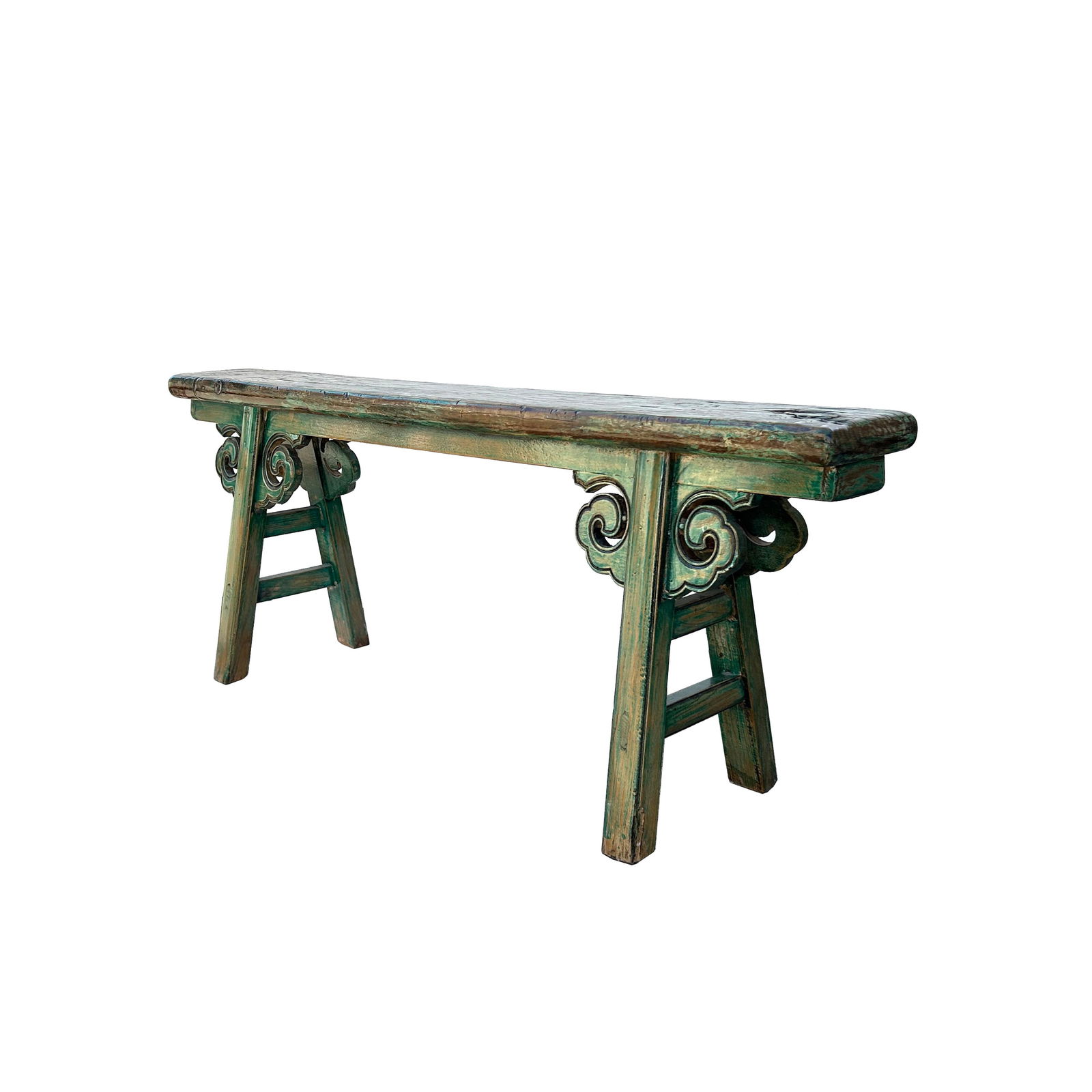 Distressed Brown Green Blue Village Slim Narrow Scroll Apron Wood Bench - 4