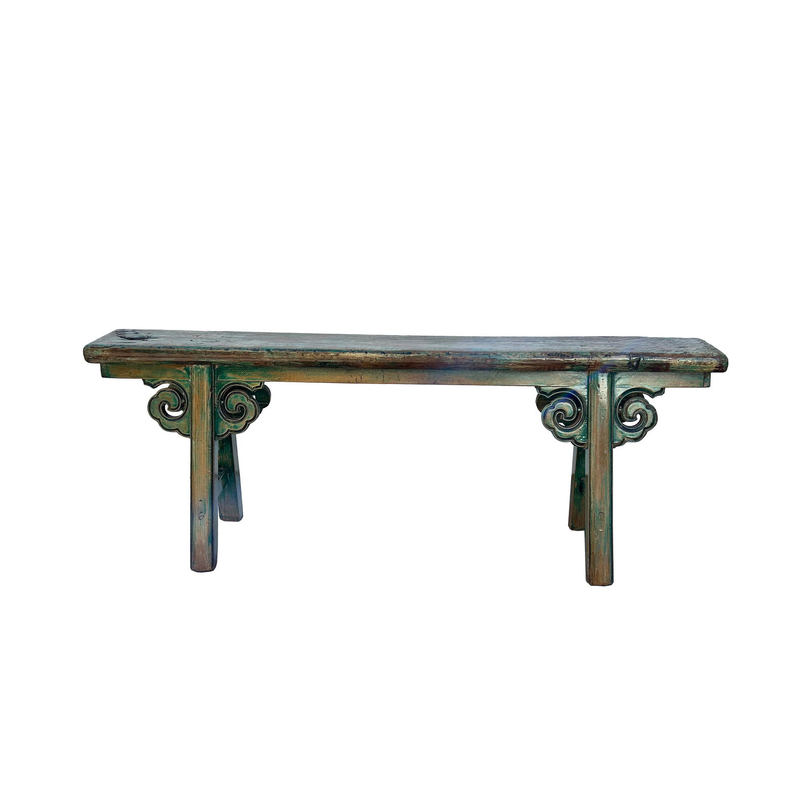 Distressed Brown Green Blue Village Slim Narrow Scroll Apron Wood Bench - 5