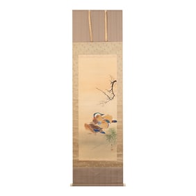 Meiji or Taisho Era Japanese Painted Scroll Painting "Sakura and Ducks"