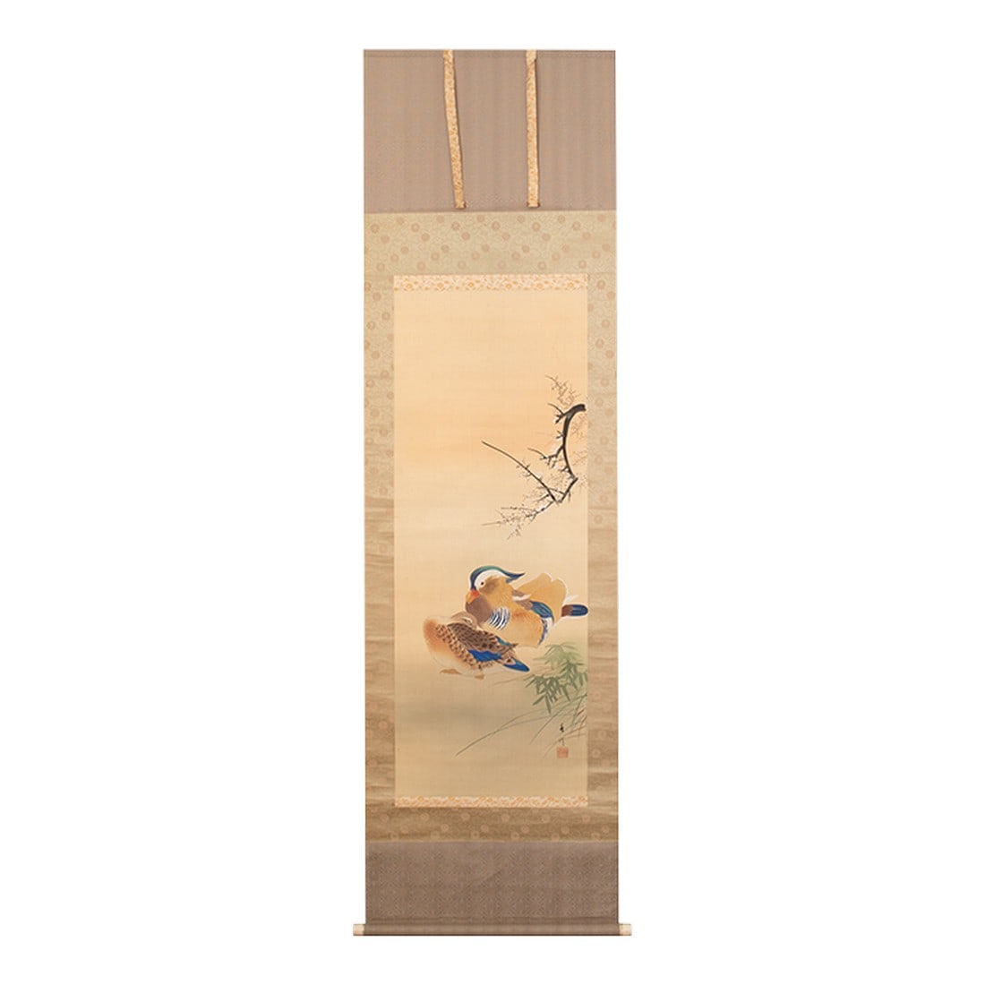 Meiji or Taisho Era Japanese Painted Scroll Painting "Sakura and Ducks": Fine large antique Japanese watercolor silk scroll painting "Sakura and Ducks". Signed and sealed by artist in ink. Masterfully painted. Very detailed. Watercolor, gouache and ink on silk.