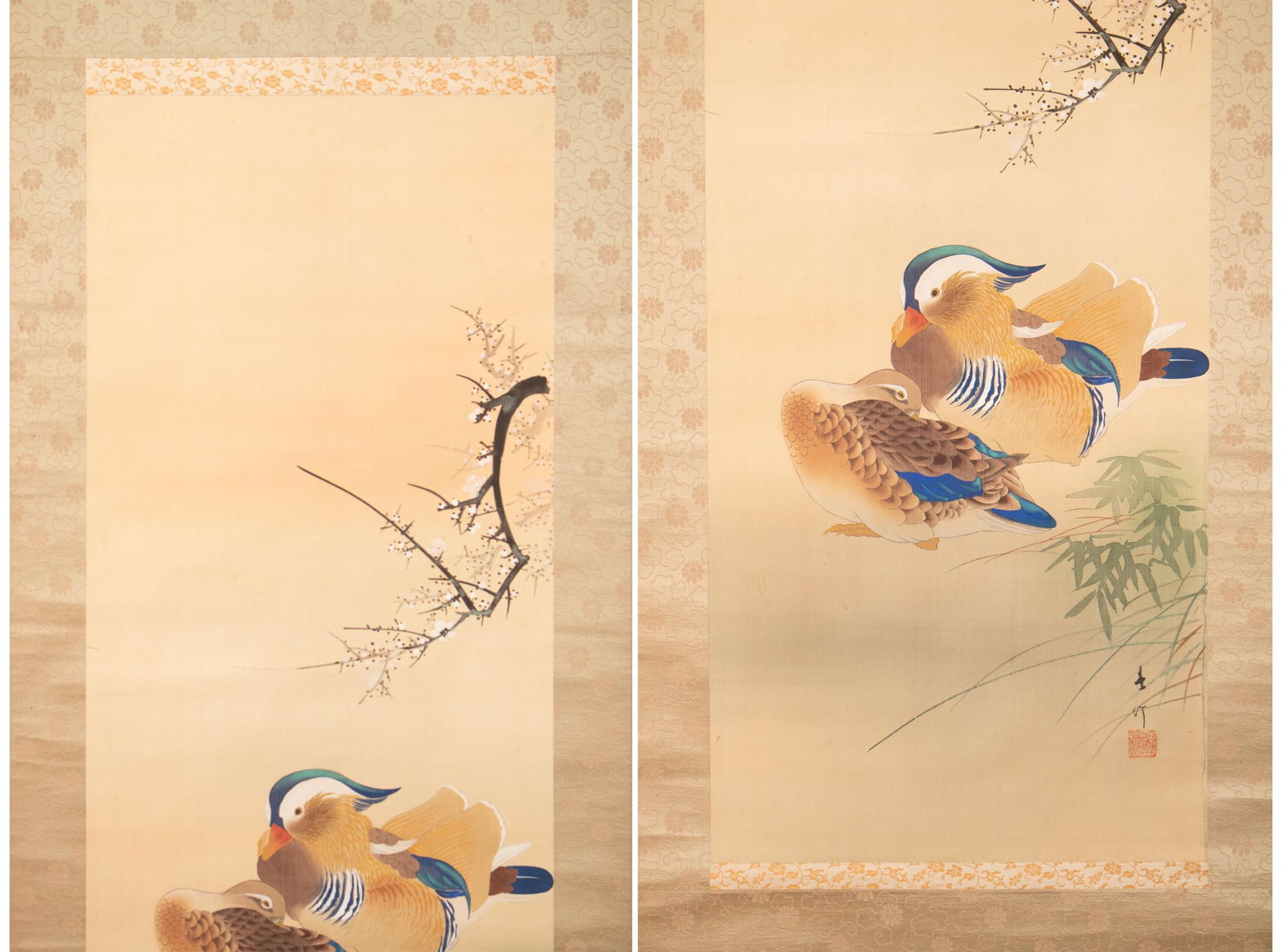 Meiji or Taisho Era Japanese Painted Scroll Painting "Sakura and Ducks" - 4
