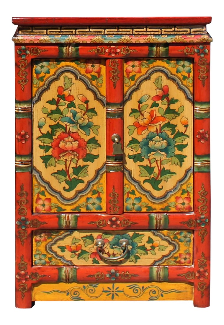 Orange Yellow Tibetan Floral End Table Nightstand Cabinet: This cabinet / table is painted with colorful (orange rim and yellow base) Tibetan style flower graphic at the front, the top. It is a special color pigment that can last long and the thick pigment cr