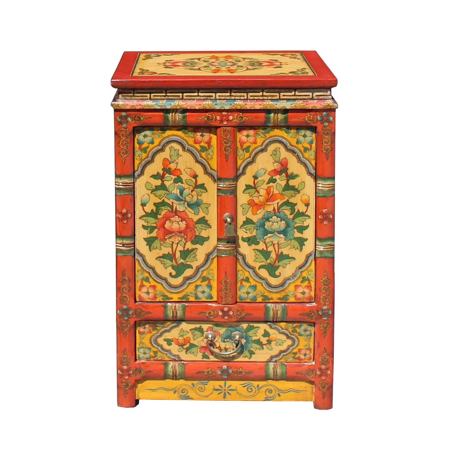 Orange Yellow Tibetan Floral End Table Nightstand Cabinet - 2