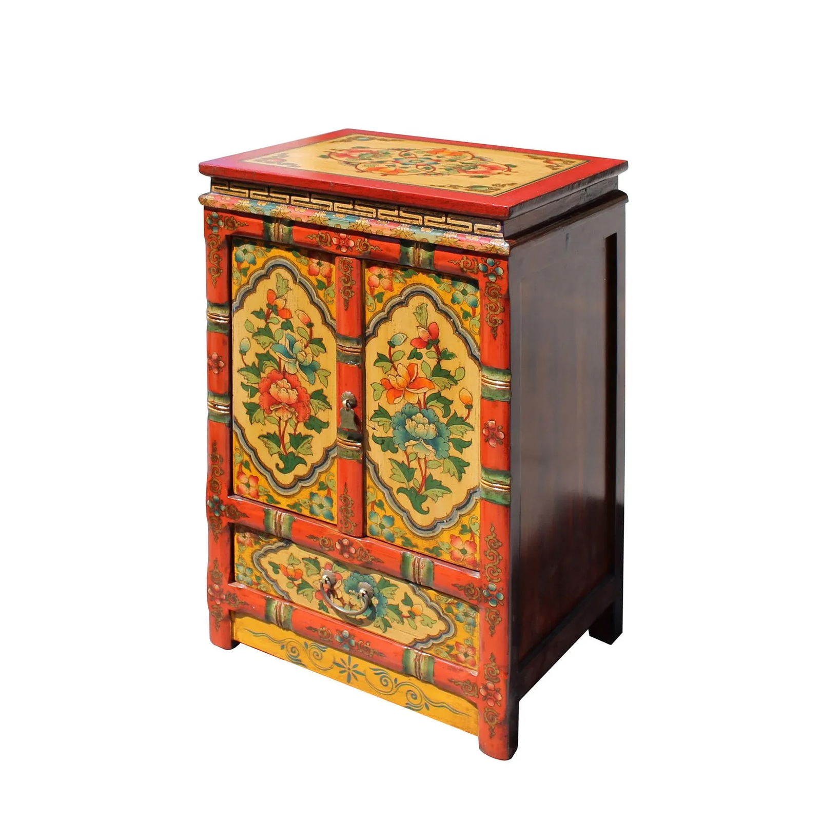 Orange Yellow Tibetan Floral End Table Nightstand Cabinet - 3