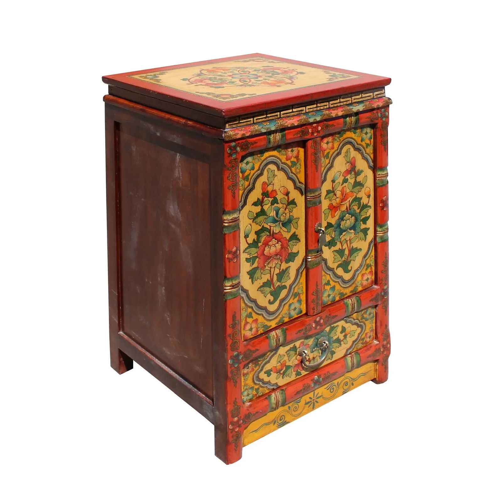 Orange Yellow Tibetan Floral End Table Nightstand Cabinet - 4