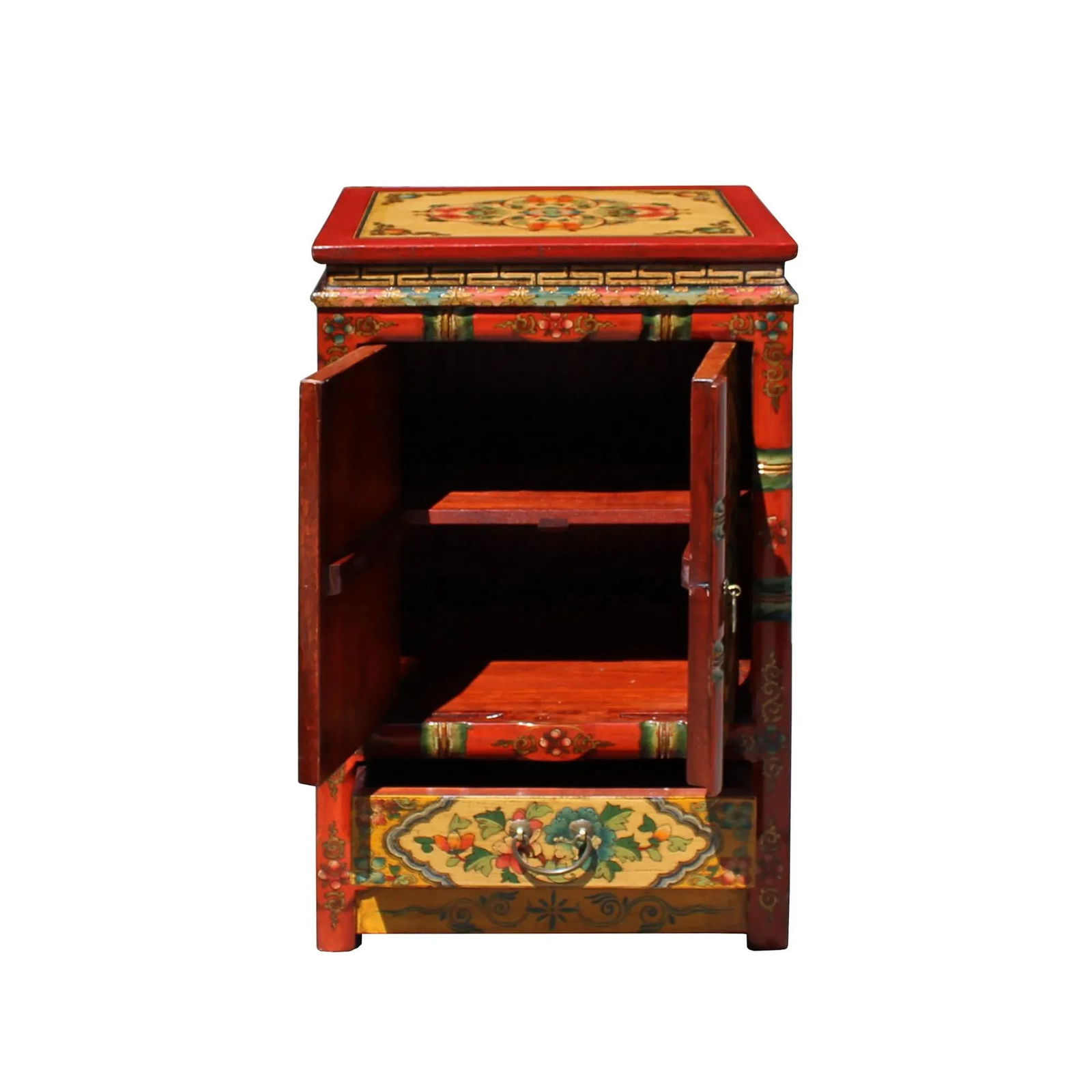 Orange Yellow Tibetan Floral End Table Nightstand Cabinet - 6