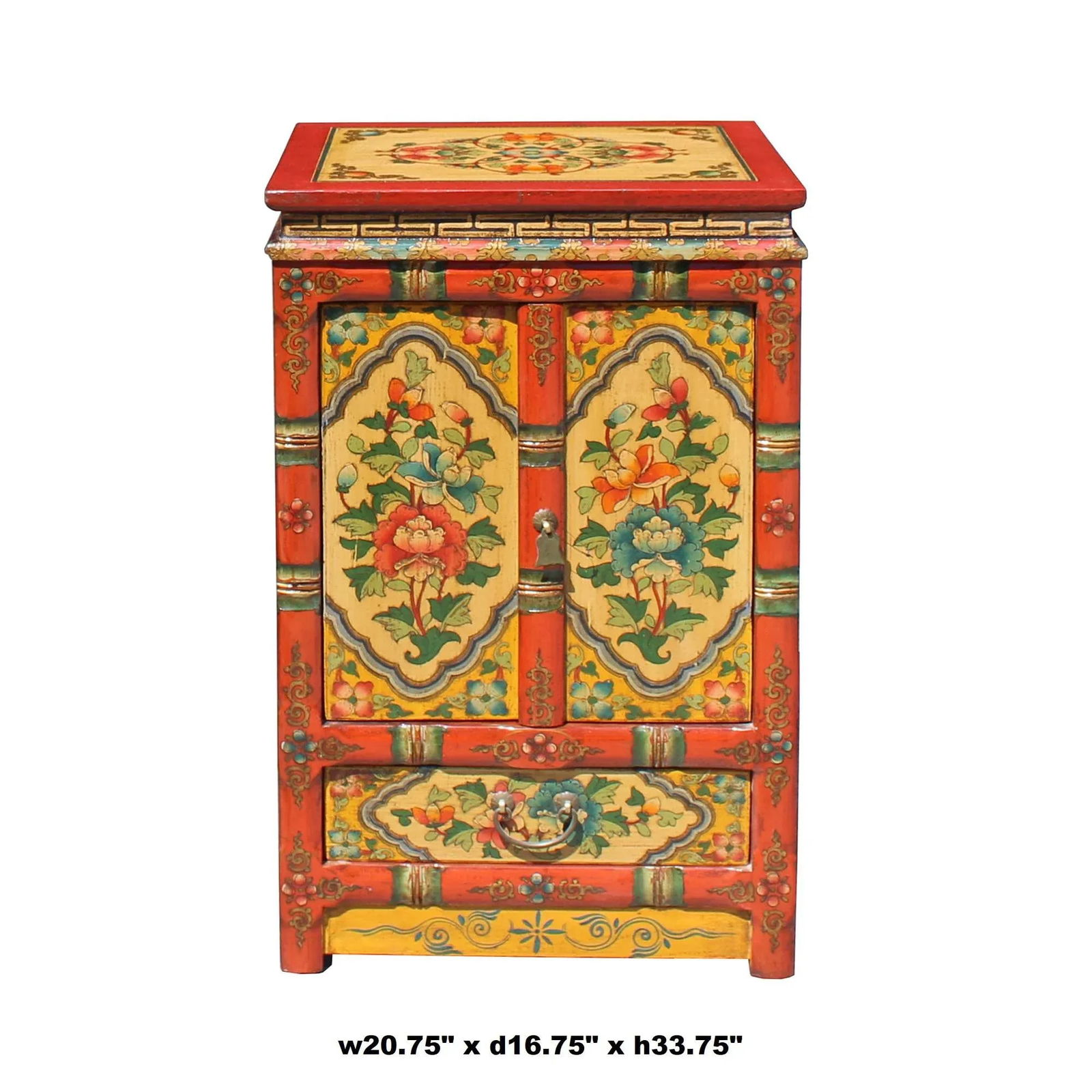 Orange Yellow Tibetan Floral End Table Nightstand Cabinet - 7