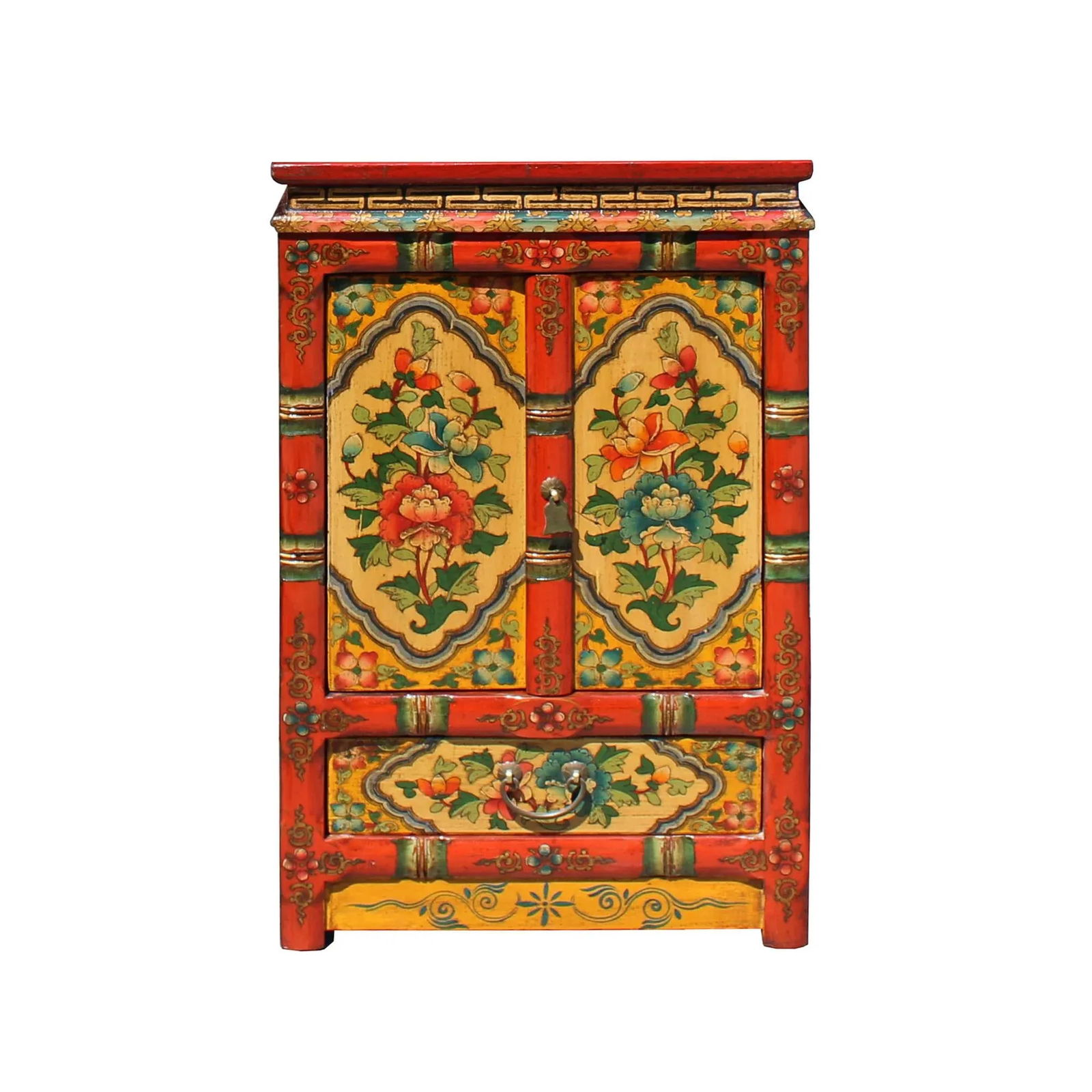 Orange Yellow Tibetan Floral End Table Nightstand Cabinet - 8