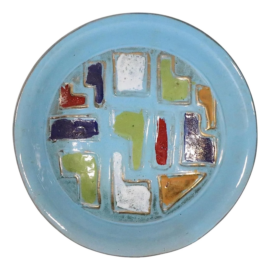 Polychrome Mid Century Pottery Bowl Probably, Made in Italy Circa 1950/60's: Modernist ceramic decorative vide poche bowl, having a blue ground with a polychrome geometric center surface. Probably made in Italy, possibly Raymor, Rosenthal Netter, circa 1950/60's. unsigned.