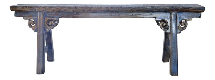 Distressed Brown Light Blue Village Slim Narrow Scroll Apron Wood Bench