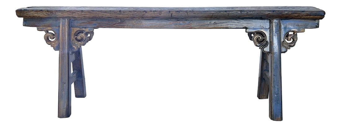 Distressed Brown Light Blue Village Slim Narrow Scroll Apron Wood Bench: This rustic wooden bench exudes a timeless charm, blending traditional craftsmanship with a weathered, vintage aesthetic. The sturdy rectangular seat, crafted from aged wood, showcases a rich patina w